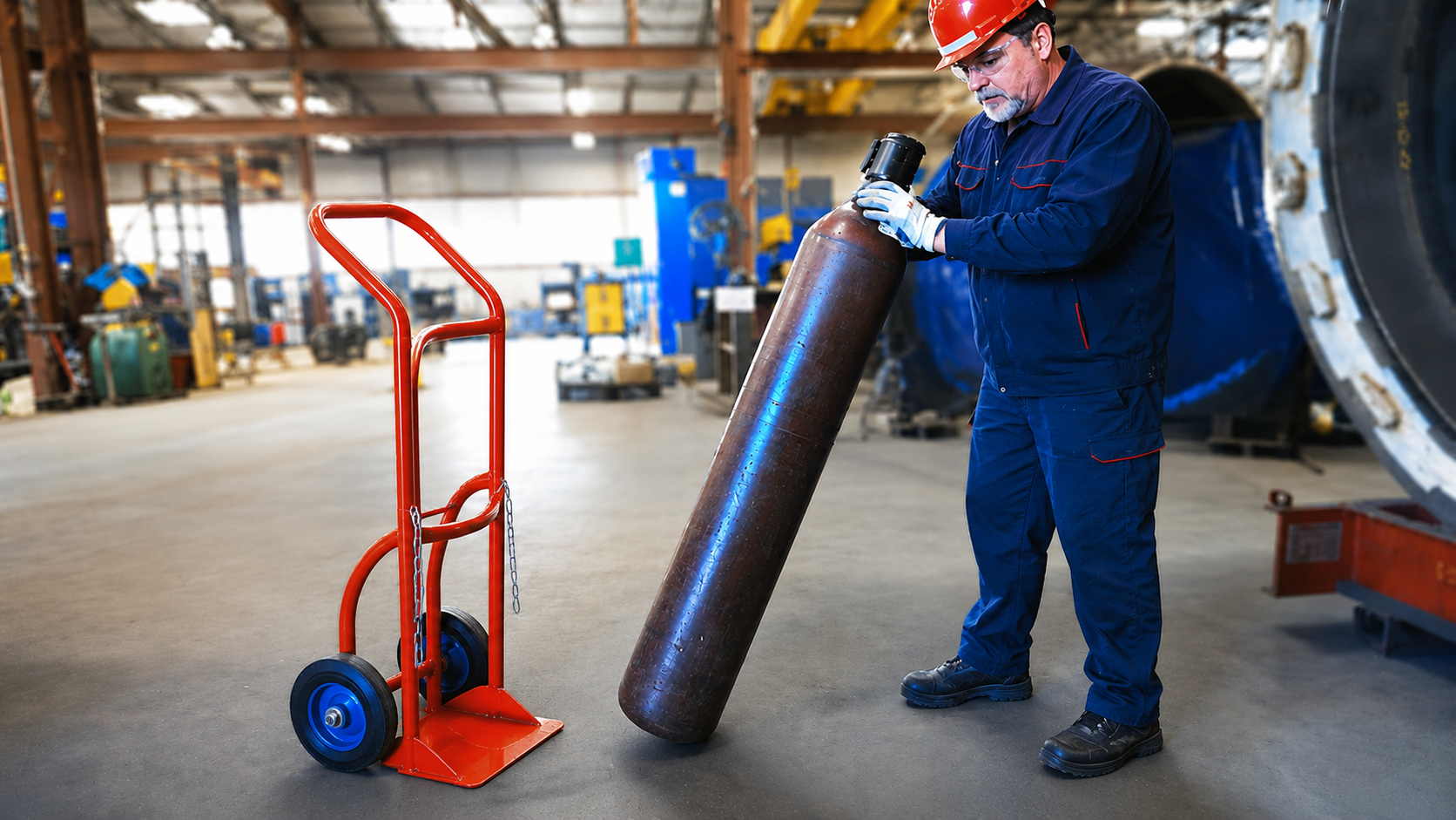 Operator handling a heavy nitrogen cylinder in a laser welding workshop